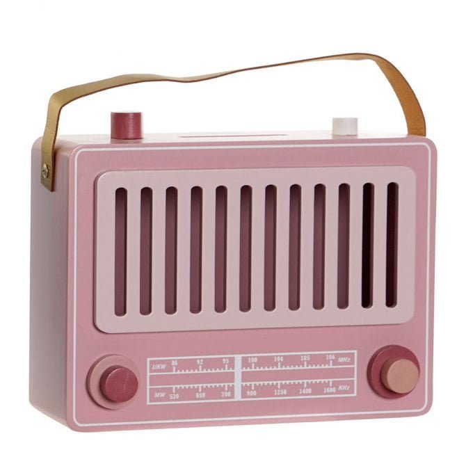 Hucha radio vintage de madera color rosa