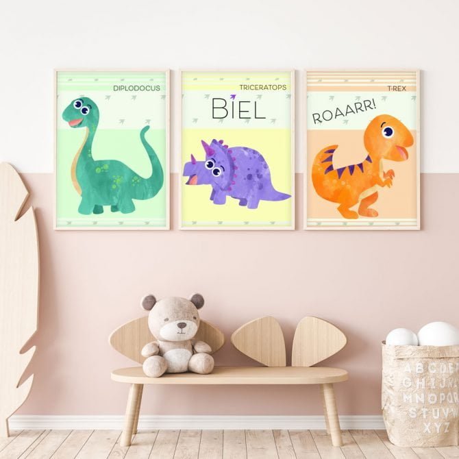 Pack de tres láminas infantiles con dinosaurios
