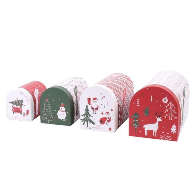 Pack de 4 buzones navideños muy coloridos y festivos, de diferentes tamaños fabricados con cartón, estupendo para guardar las cartas de Papa Noel. Cada buzón tiene un diseño diferente.